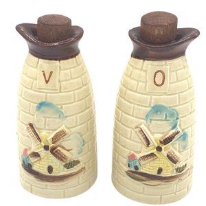 Vintage Majolica Rare Windmill Oil & Vinegar Bottles Japan Cream Brick Pattern